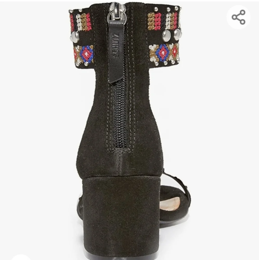 SCHULTZ Studded Embroidered Ankle Strap Chunky Low Heel Sandals